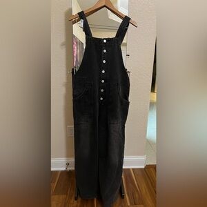 Black Button-Front Denim Overalls